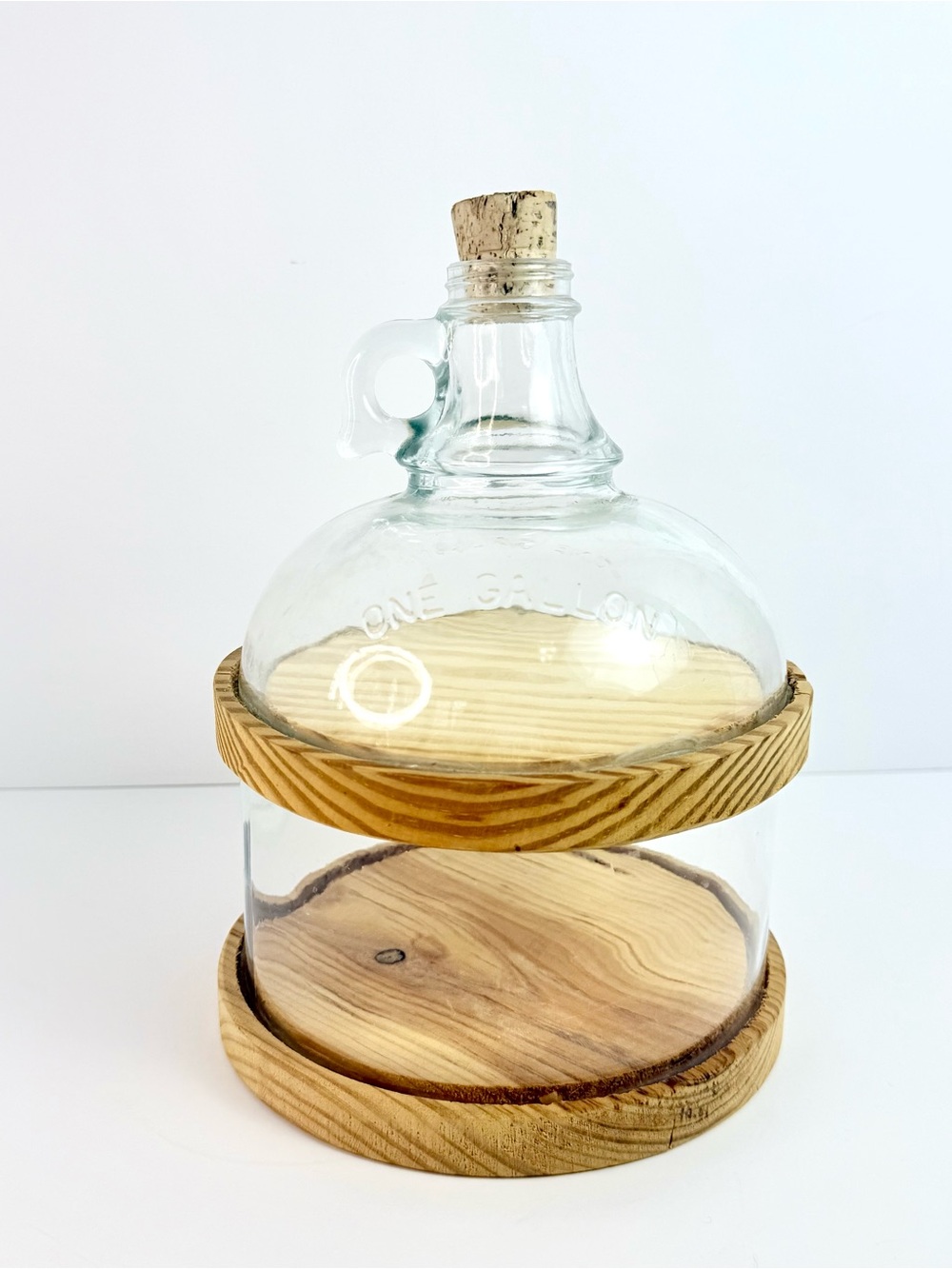 Vintage 2 Tier 1 Gallon Bottle Jug  Dome Glass & Wood Board w/ Cork Cloche